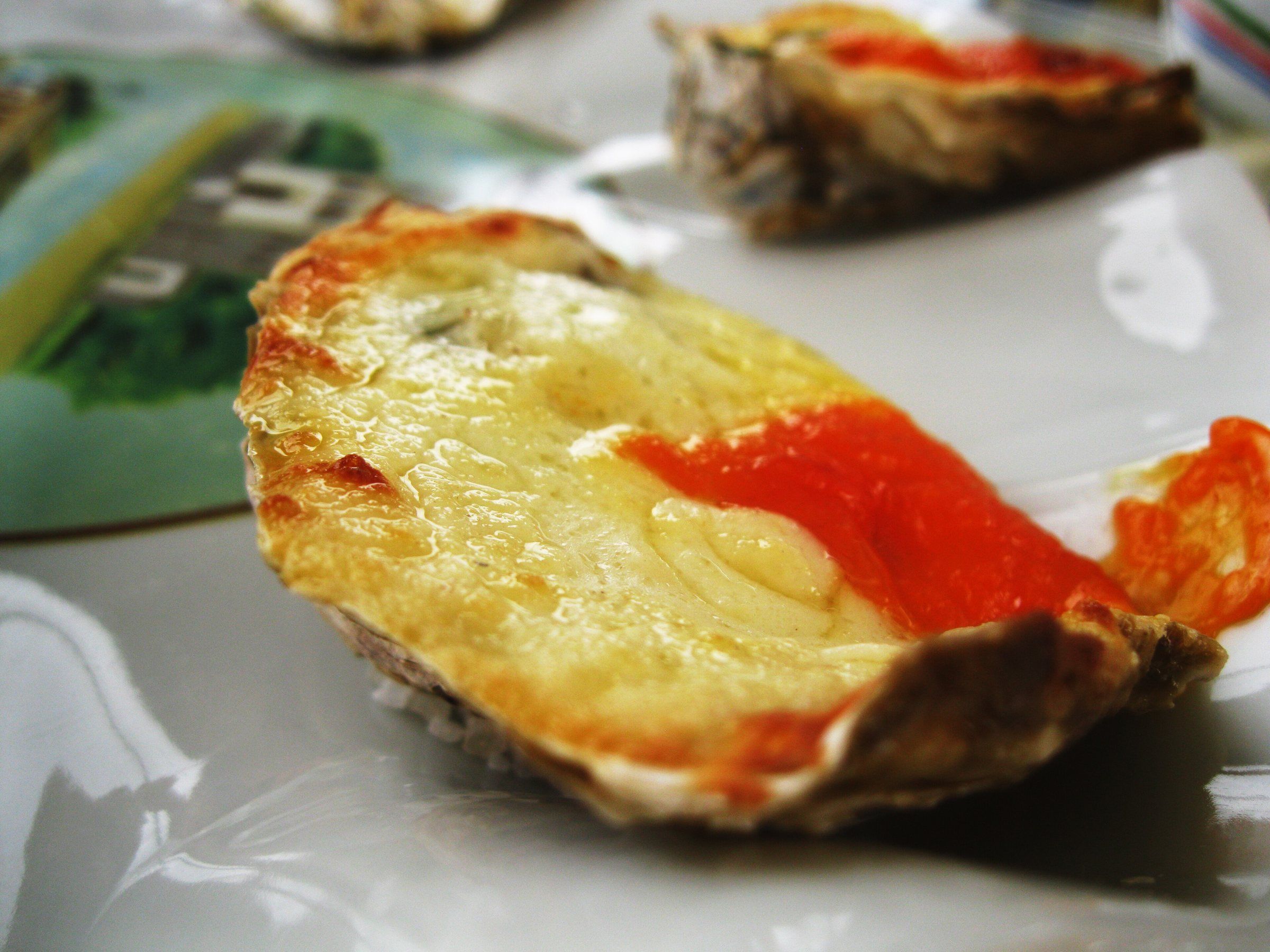 Ostras gratinadas servidas na concha, prato típico de Florianópolis